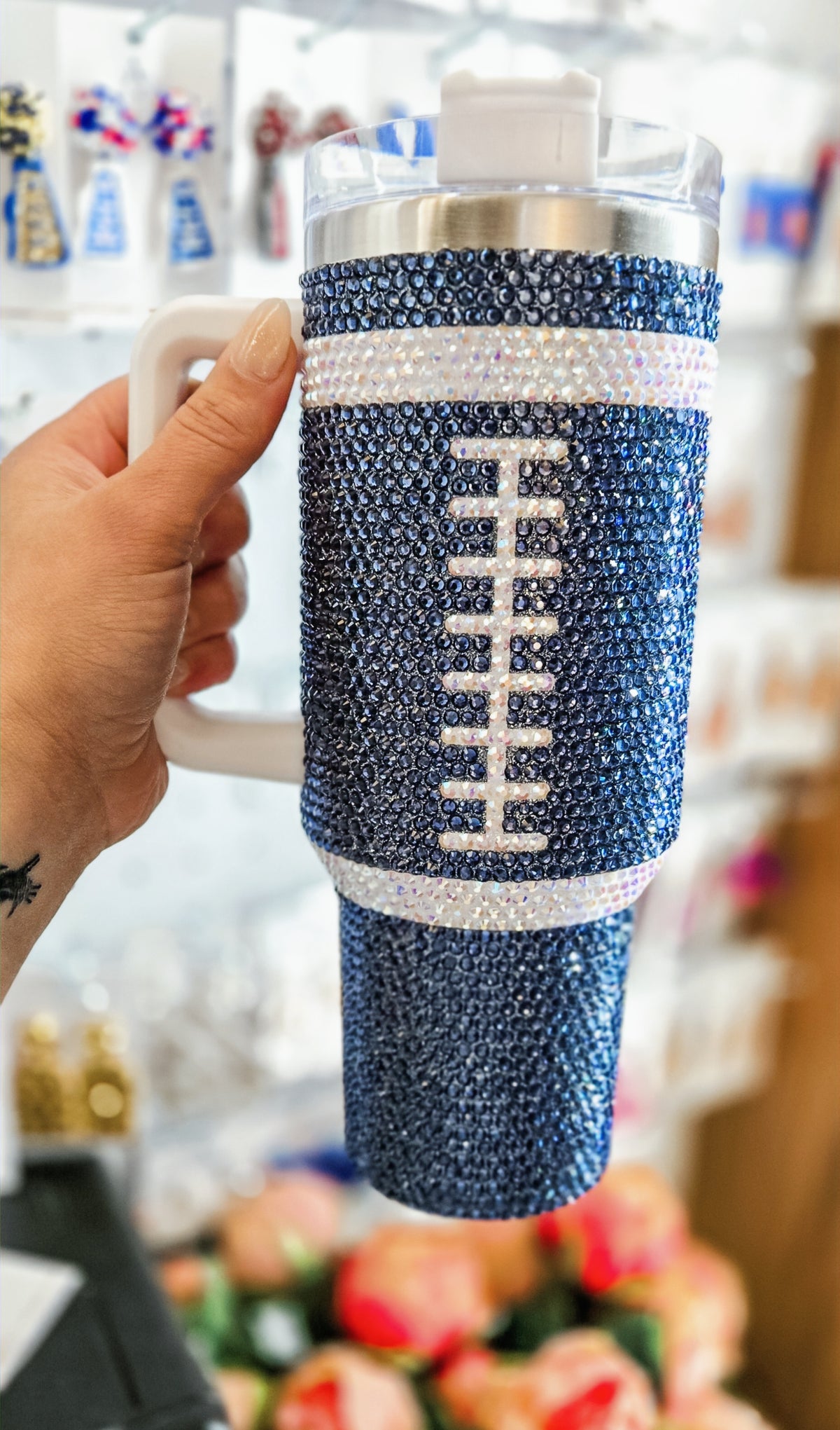 Navy Football Rhinestone 40oz Tumbler image 2