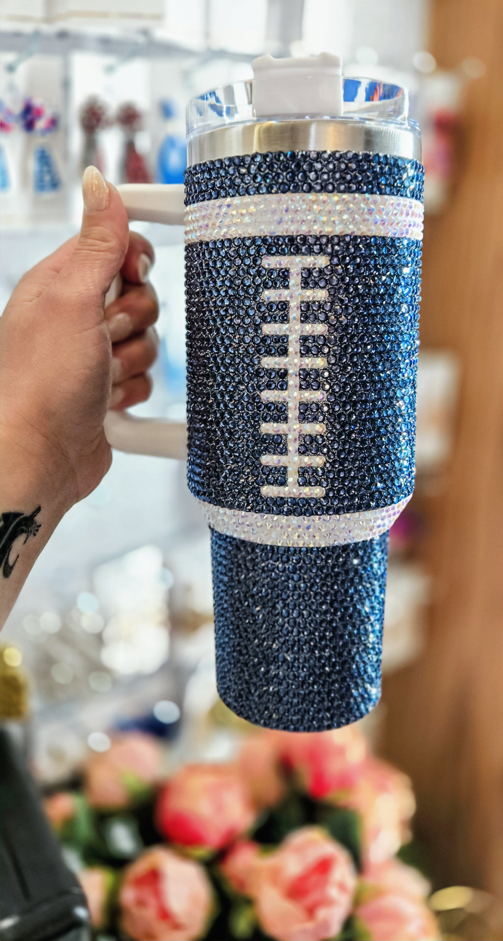 Navy Football Rhinestone 40oz Tumbler image 1